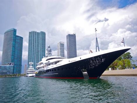 Mega yachts dock in Miami year-round near The Heat arena.