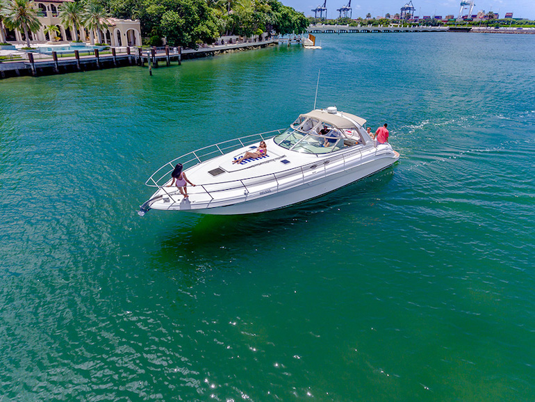 A private Miami yacht rental and full day charter as seen from the aerial view.