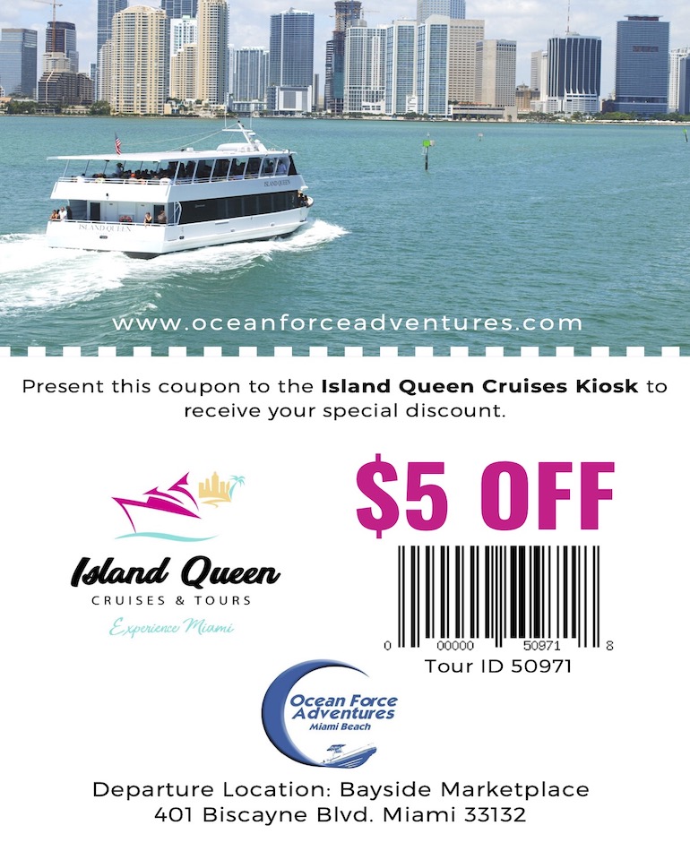 Cheap boat tours Miami and Miami beach with $5 discount for bayside market tours.